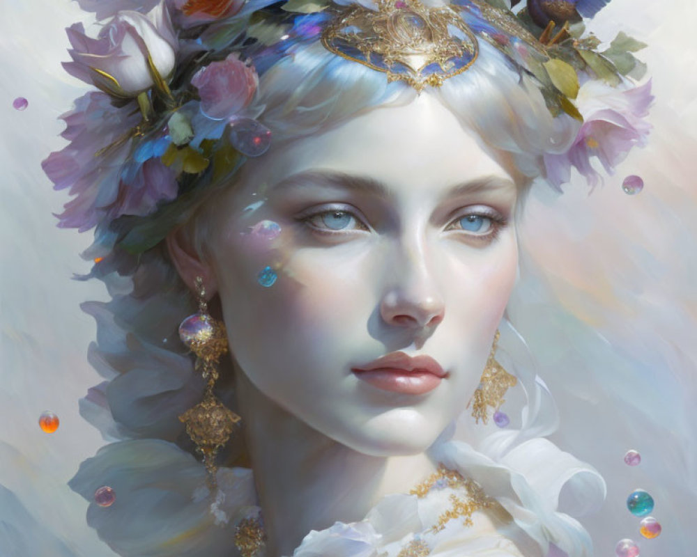 Portrait of Woman with Floral Crown and Butterflies: Ethereal Beauty