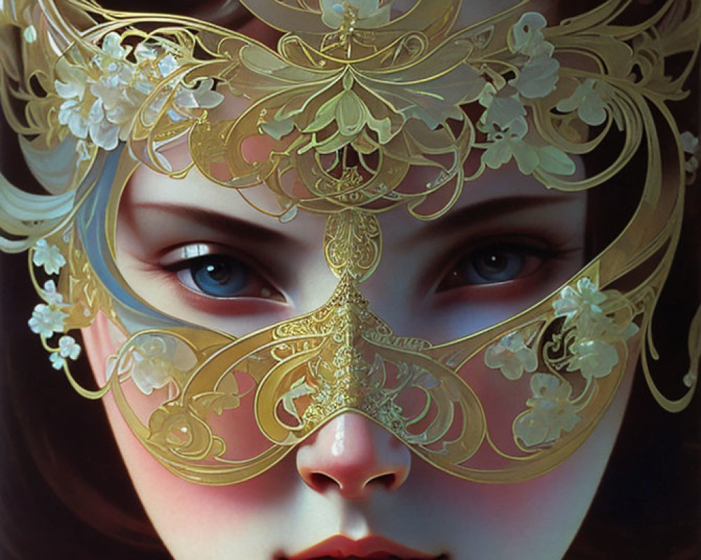 Striking Blue-Eyed Woman in Golden Floral Mask