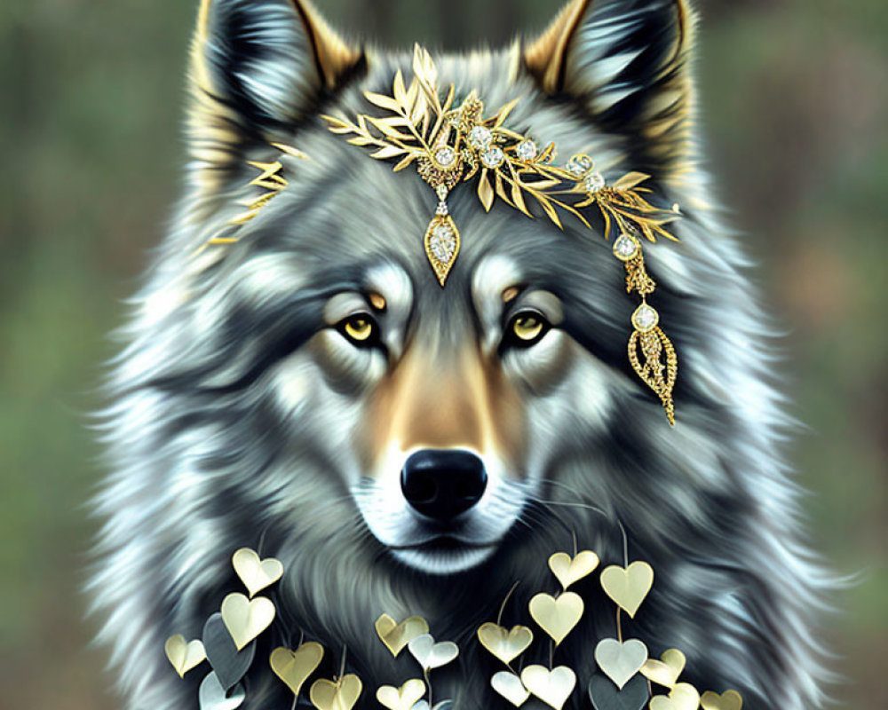 Detailed Wolf Illustration with Golden Crown and Heart Necklace