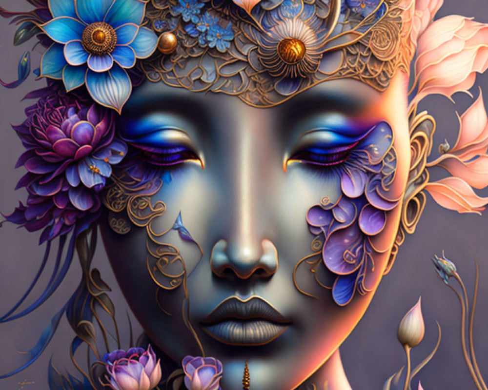 Detailed floral design adorns serene woman with closed eyes