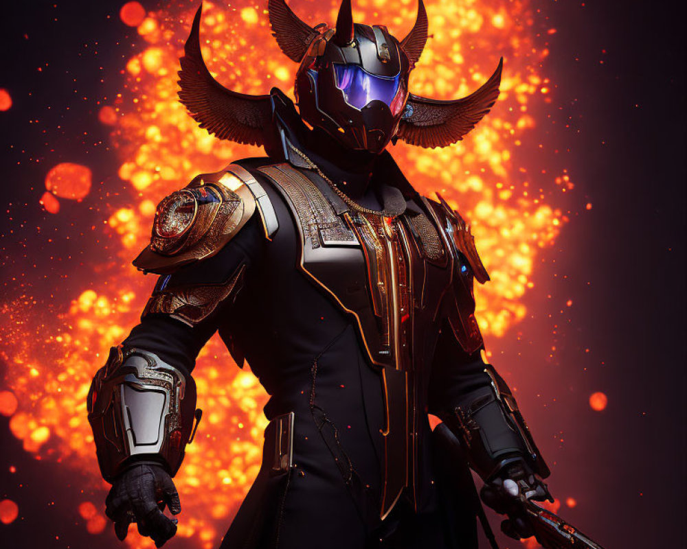 Majestic warrior in black and gold armor with glowing blue eyes and horned helmet.