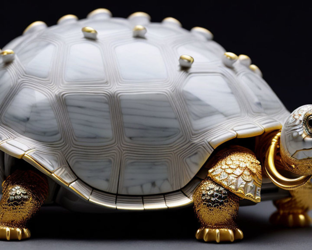 White Marble Turtle Figurine with Gold Trim on Dark Background