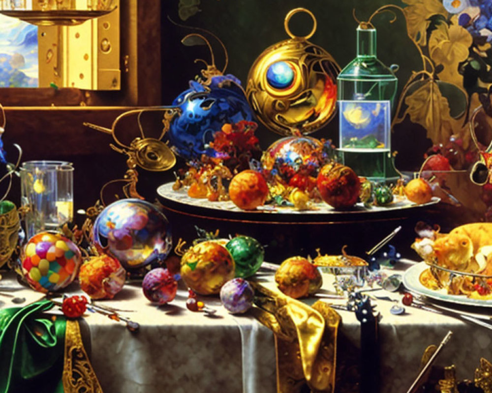 Colorful spheres, fruits, and ornate objects in lavish still life painting