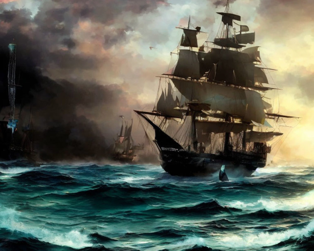 Stormy Seas: Dramatic painting of sailing ships in turbulent waters