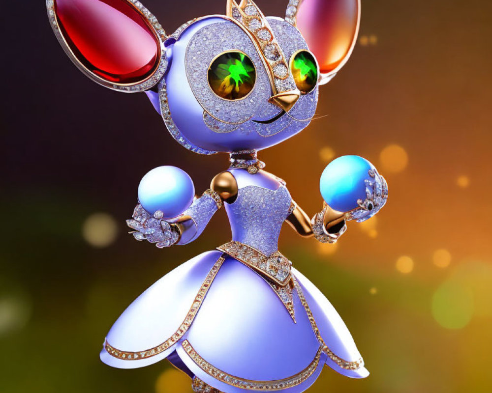 Sparkling anthropomorphic mouse with gem-studded dress and pearl.