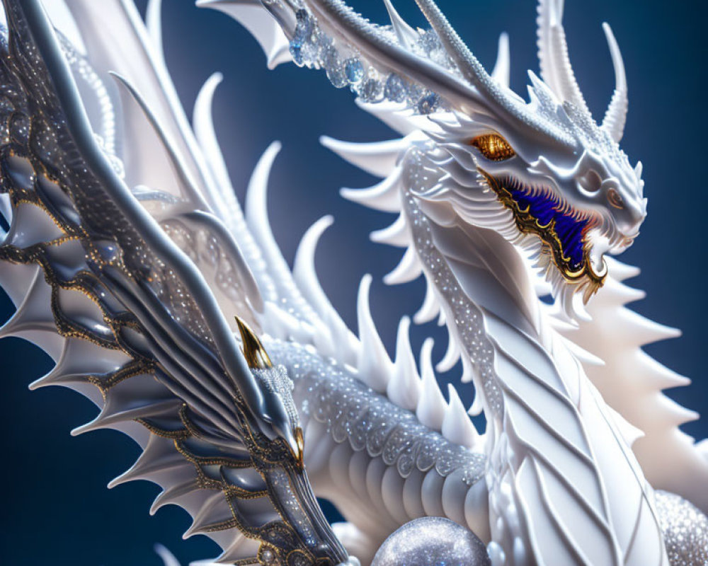 Majestic white dragon with golden accents clutching pearl on blue backdrop