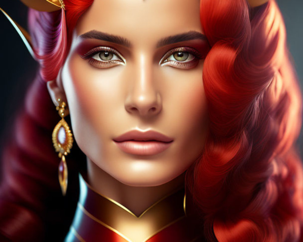 Fantasy female character digital art portrait with red hair and pointed ears