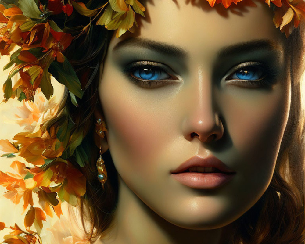 Portrait of Woman with Blue Eyes and Orange Flower Wreath