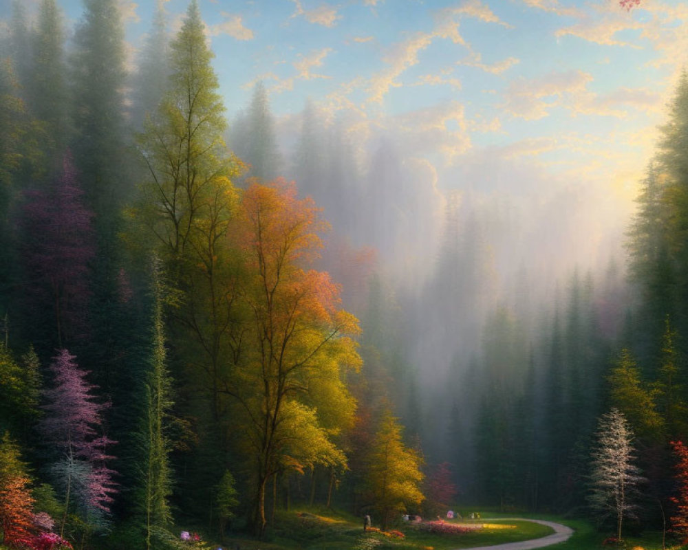 Tranquil forest path with misty trees and vibrant foliage