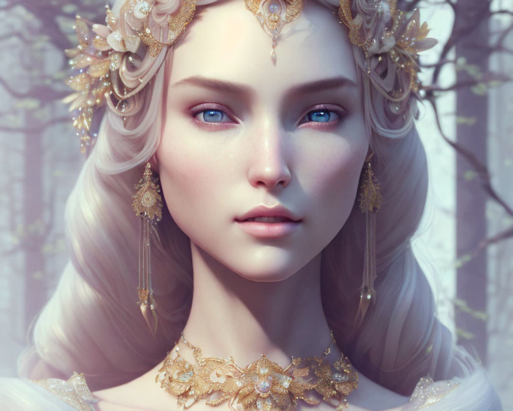 Fantasy elf woman with gold jewelry, blue eyes, white hair in forest.