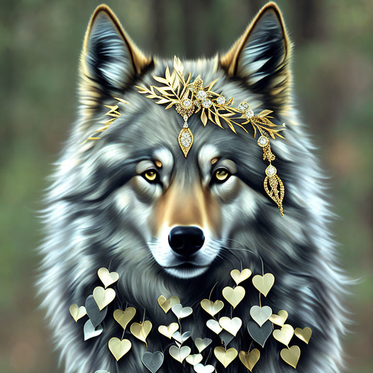 Detailed Wolf Illustration with Golden Crown and Heart Necklace