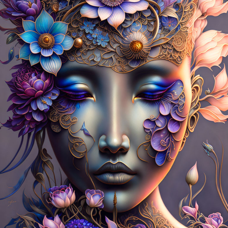 Detailed floral design adorns serene woman with closed eyes