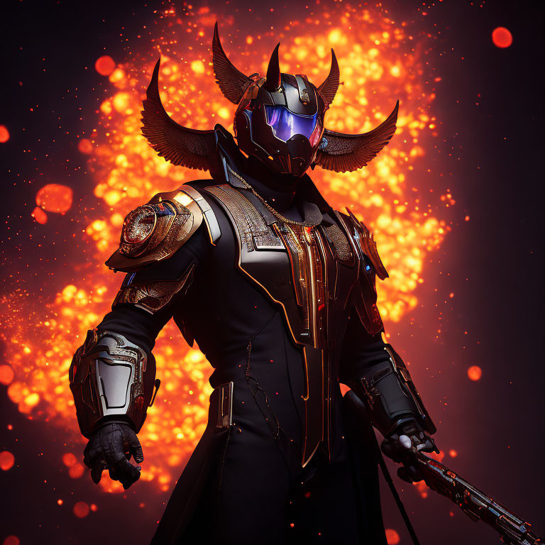 Majestic warrior in black and gold armor with glowing blue eyes and horned helmet.