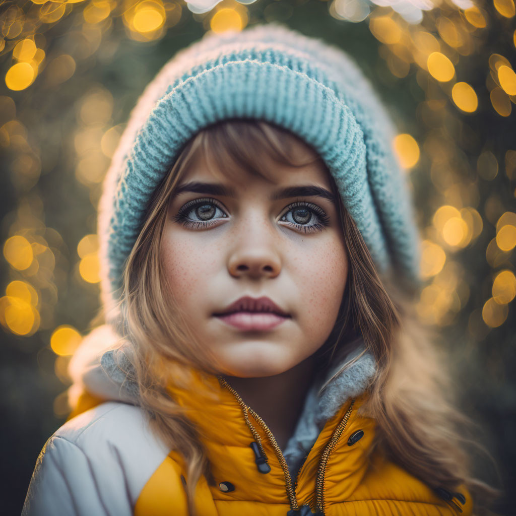 Captivating-eyed young girl in teal beanie and yellow jacket against serene autumn bokeh.