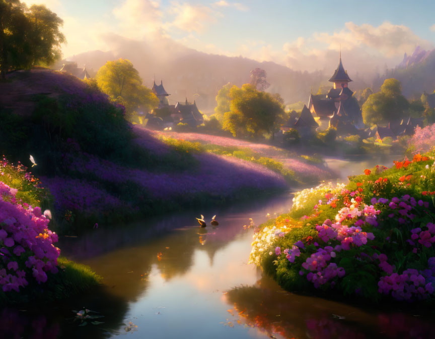 Tranquil sunrise landscape with river, flowers, bird, village houses, misty hills