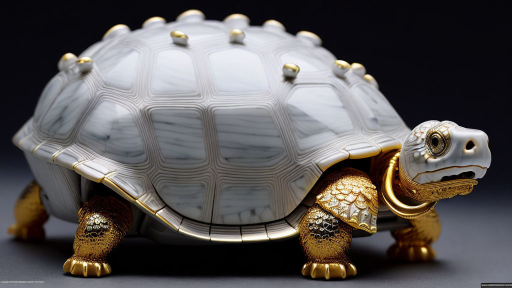 White Marble Turtle Figurine with Gold Trim on Dark Background