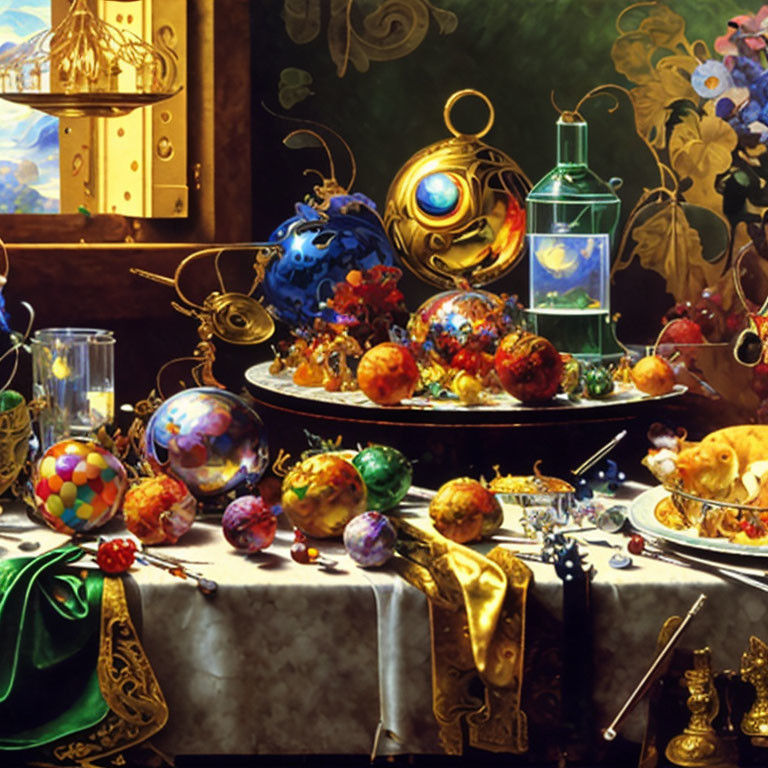 Colorful spheres, fruits, and ornate objects in lavish still life painting