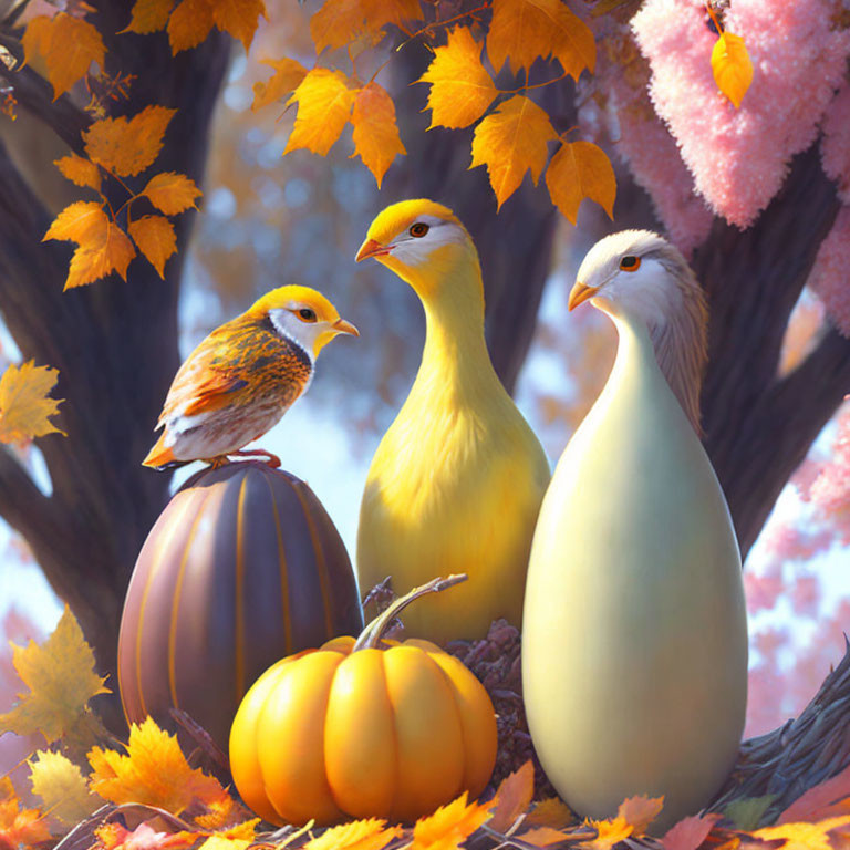 Stylized birds with autumn leaves and pumpkins under tree