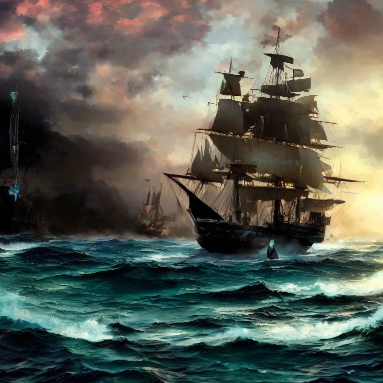 Stormy Seas: Dramatic painting of sailing ships in turbulent waters