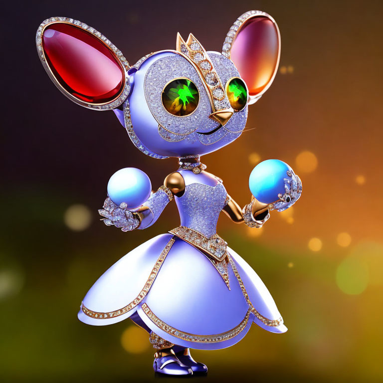 Sparkling anthropomorphic mouse with gem-studded dress and pearl.