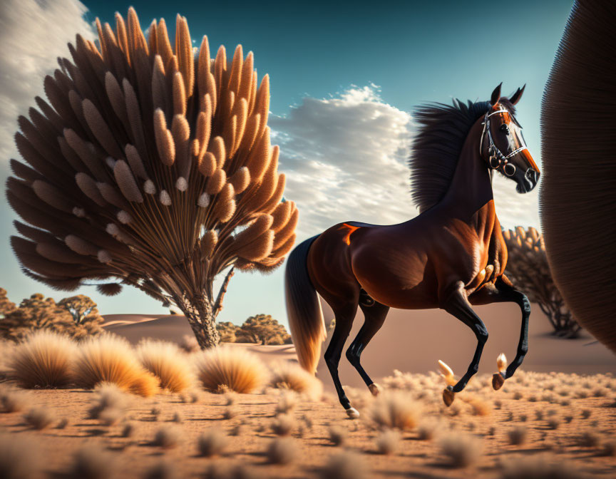 Brown horse galloping in desert landscape with fan-shaped trees under blue sky