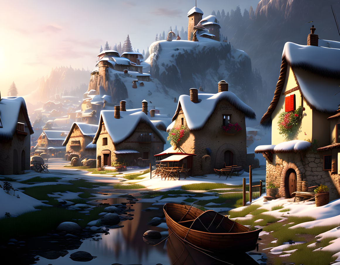 Snow-covered winter village with river, boat, and mountains at dusk