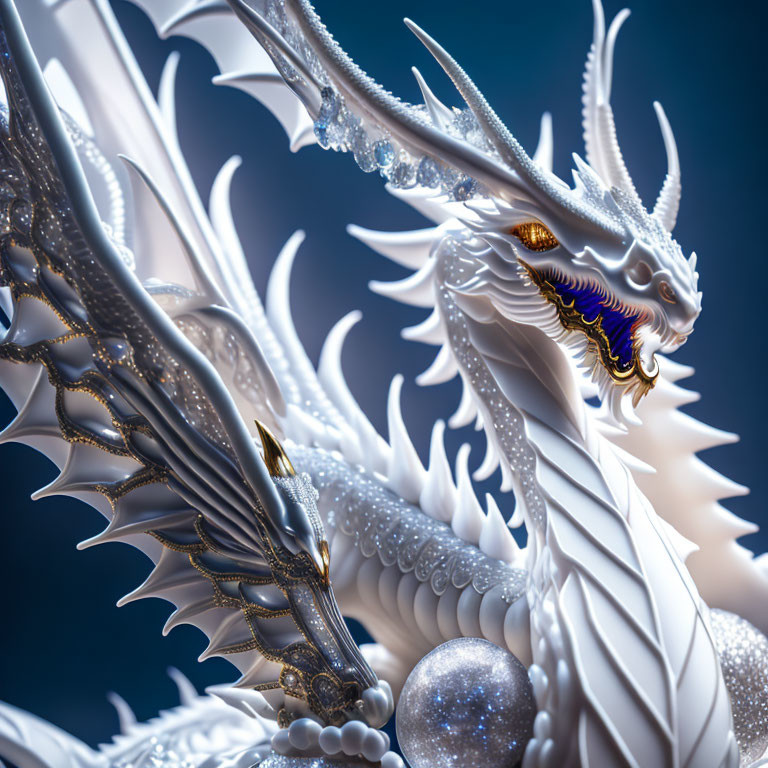 Majestic white dragon with golden accents clutching pearl on blue backdrop