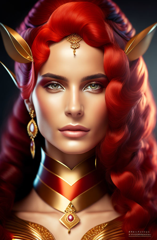 Fantasy female character digital art portrait with red hair and pointed ears