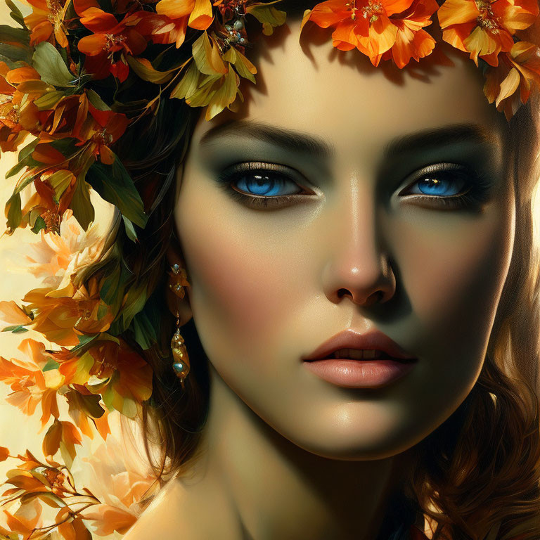 Portrait of Woman with Blue Eyes and Orange Flower Wreath