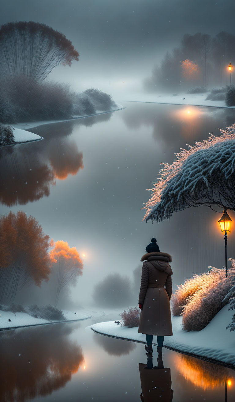 Tranquil twilight scene by misty river with warm street lamp glow