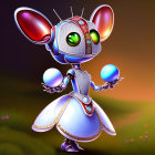 Sparkling anthropomorphic mouse with gem-studded dress and pearl.