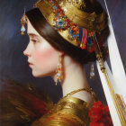 Regal Woman with Ornate Crown and Golden Attire Surrounded by Lanterns and Flowers