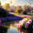 Tranquil sunrise landscape with river, flowers, bird, village houses, misty hills