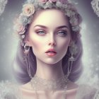 Fantasy elf woman with gold jewelry, blue eyes, white hair in forest.