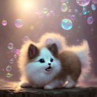 Fluffy White and Grey Puppy Surrounded by Colorful Bubbles