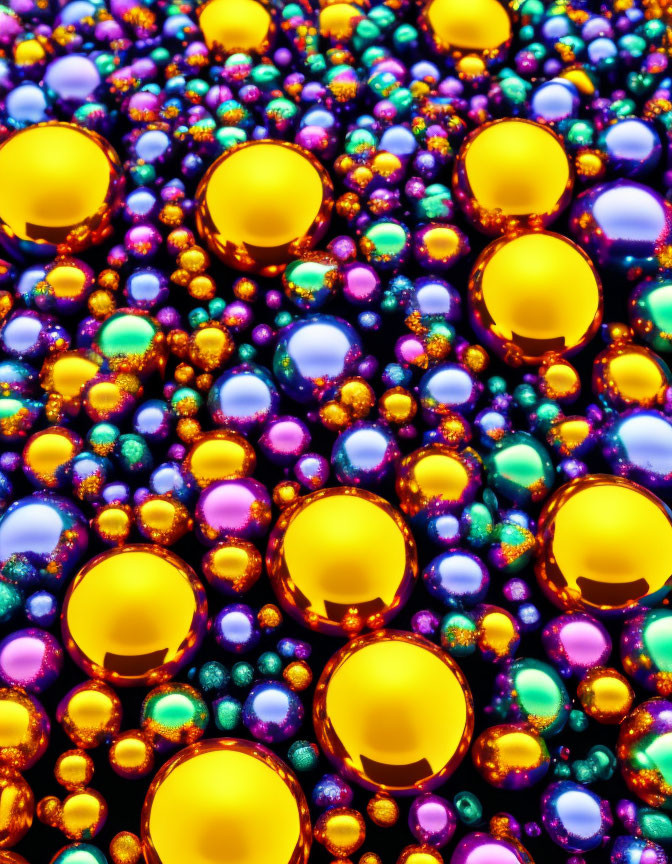 Colorful Reflective Spheres in Yellow, Purple, and Blue