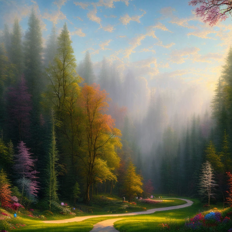 Tranquil forest path with misty trees and vibrant foliage