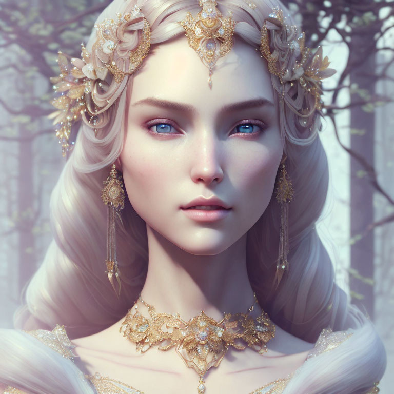 Fantasy elf woman with gold jewelry, blue eyes, white hair in forest.