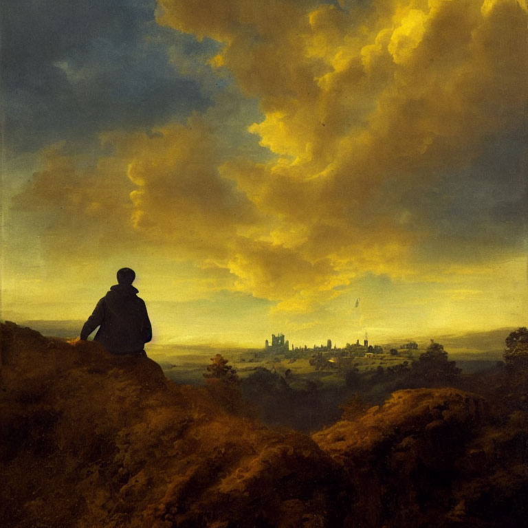 Solitary figure on rocky outcrop gazes at vast sunset landscape with distant city silhouette