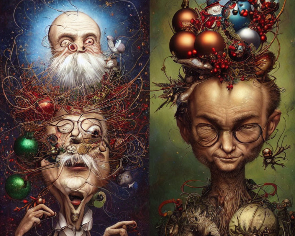 Whimsical split-frame artwork of characters with elaborate head ornaments