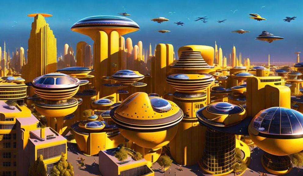 Golden skyscrapers and flying vehicles in futuristic cityscape