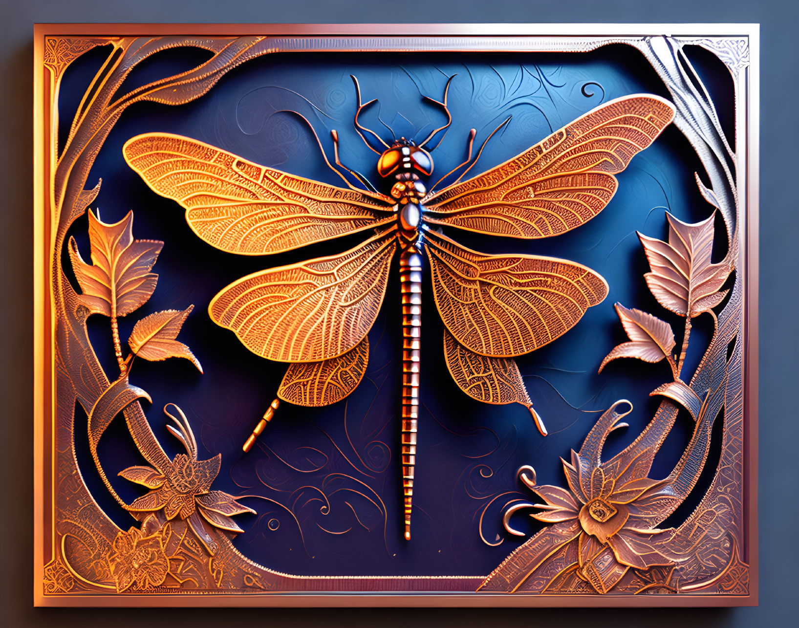 Metallic dragonfly surrounded by leaves and flowers on deep blue background