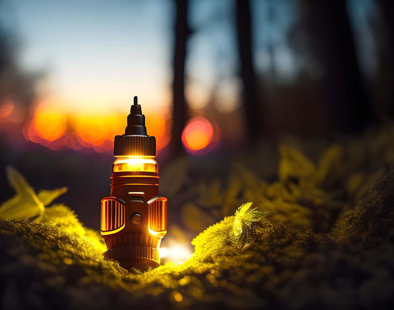 Flashlight illuminating forest floor at dusk with blurred trees in warm sunlight