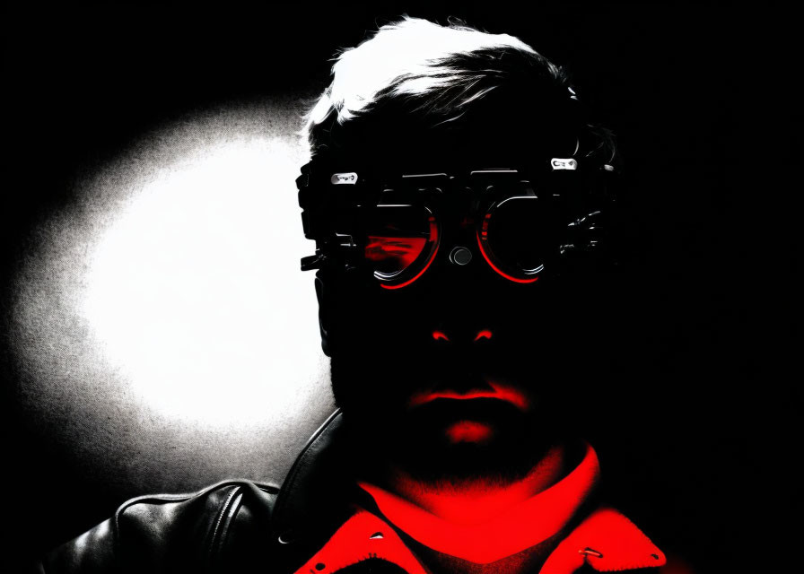 Dramatic silhouette with red-lensed futuristic goggles on dark background