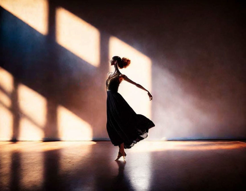 Silhouette of dancer mid-twirl with flowing dress on warm background