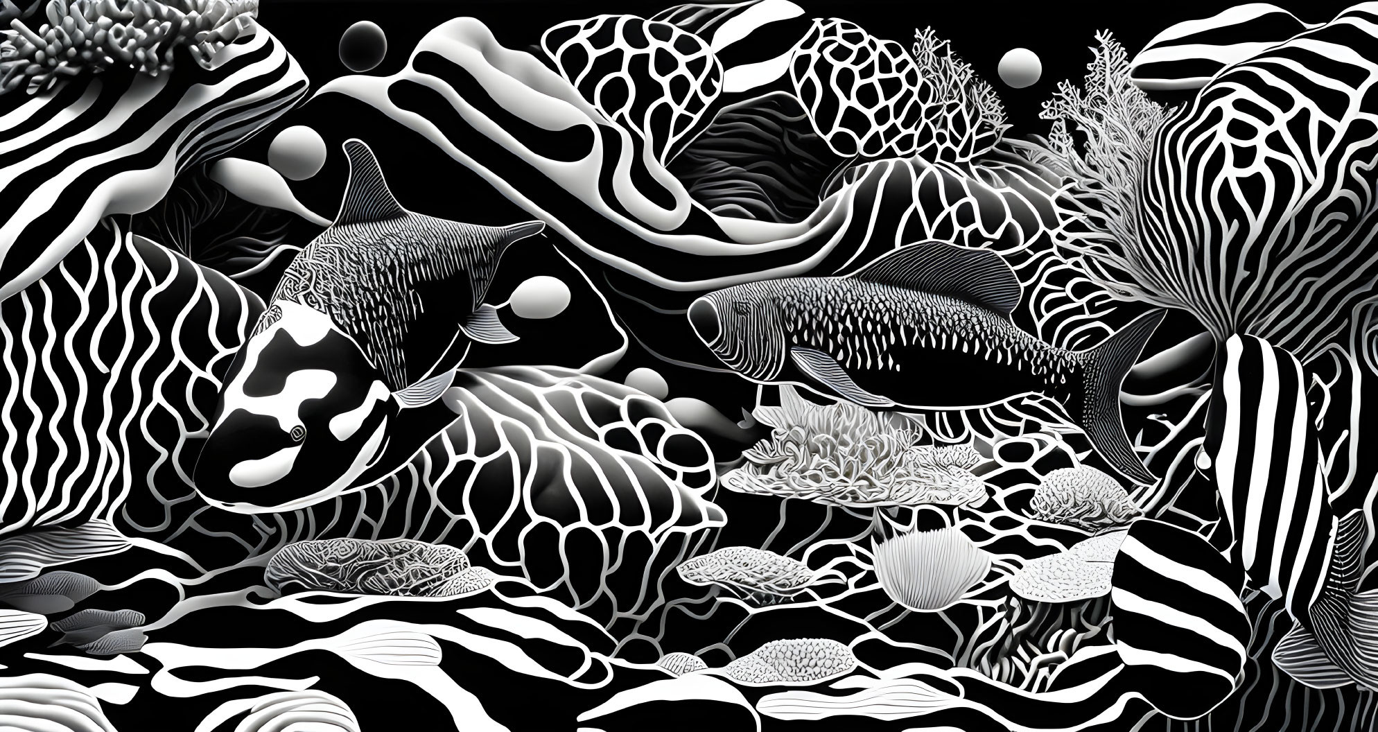 Monochrome digital artwork of stylized underwater scene with patterned fish, coral, and anemones