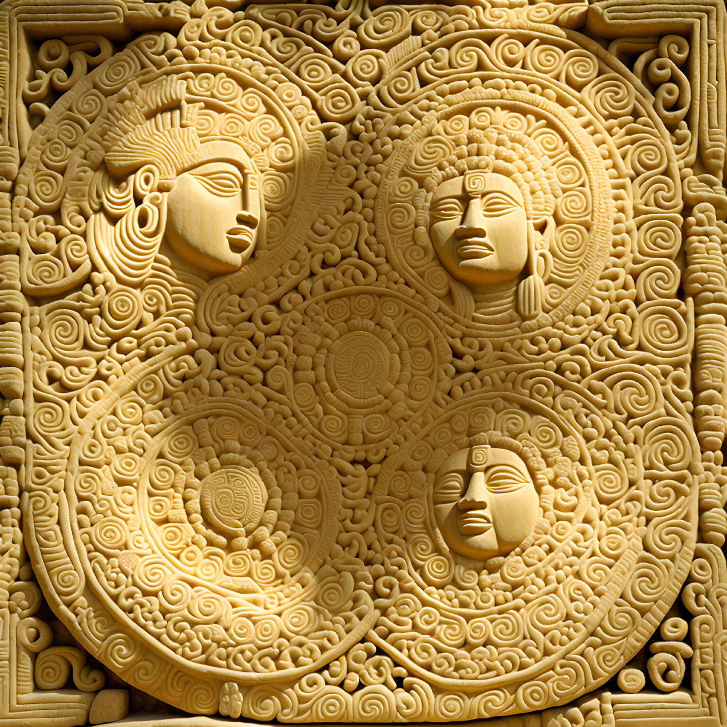 Detailed Bas-Relief of Three Faces on Square Panel