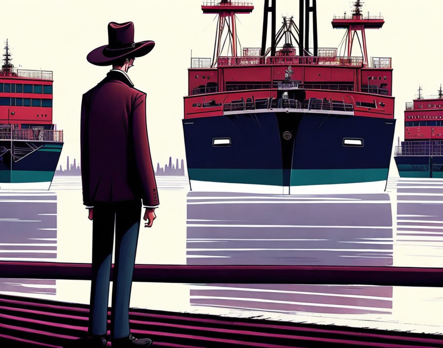 Colorful geometric art of person in suit observing red ships