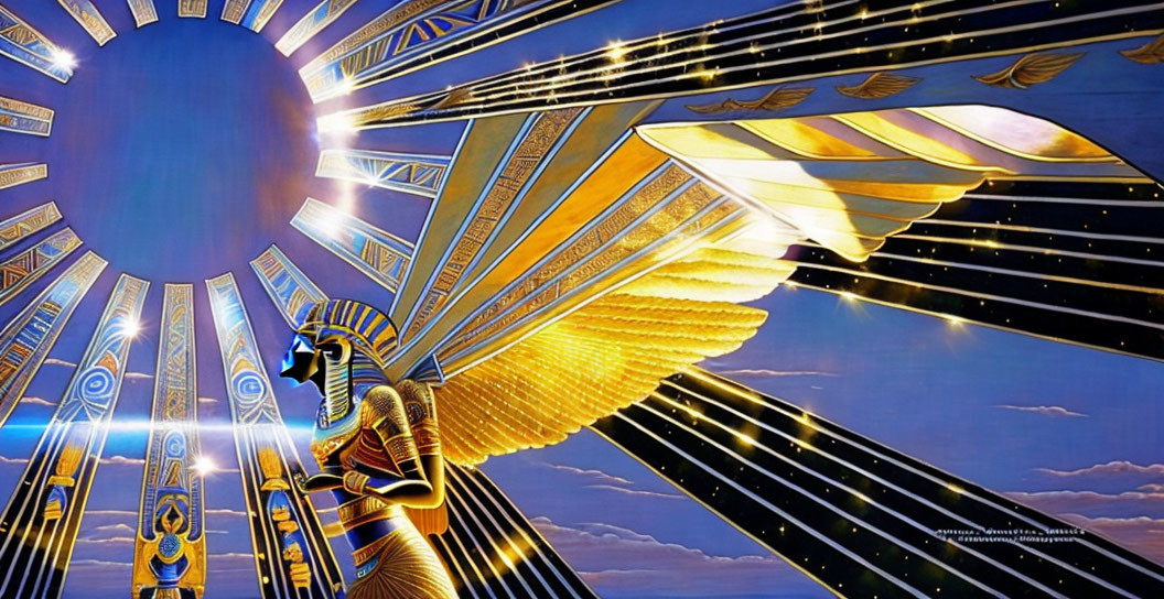 Egyptian-themed artwork with winged figure and hieroglyphics under radiant sun.