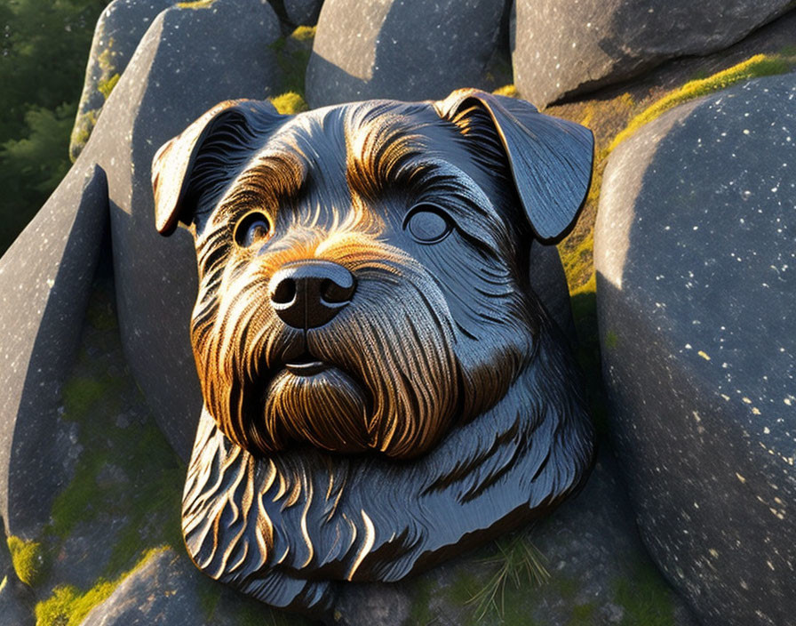 Realistic Dog Head Sculpture with Fur Texture on Mossy Rocks in Sunlight